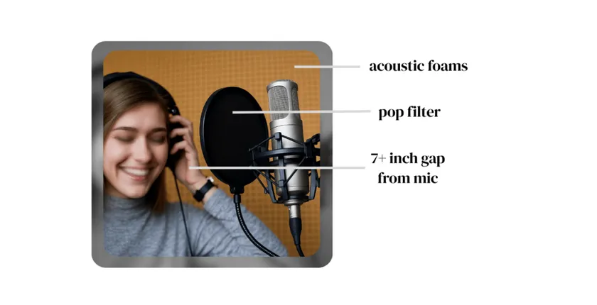 Woman recording vocals in a studio with a pop filter and condenser microphone.