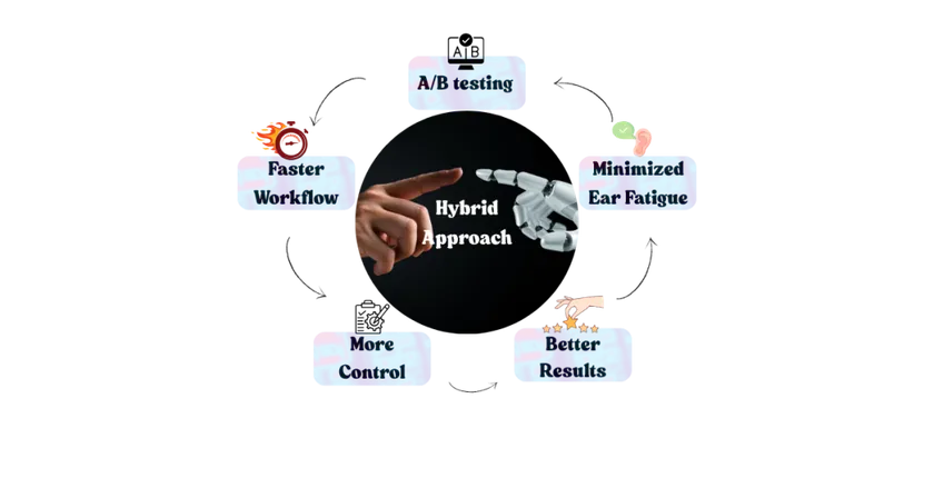 Benefits of Hybrid Approach: Faster Workflow, A/B Testing, minimized ear fatigue, Better results, and more Control