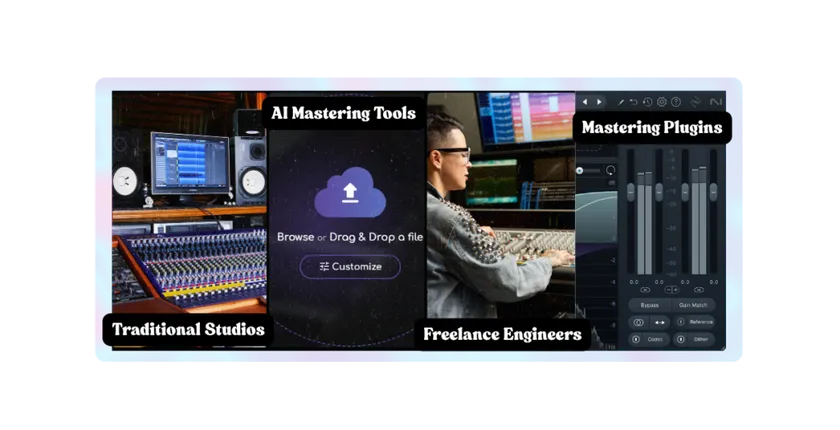 Different ways to master a song: Traditional Studios, AI Mastering Tools, Freelance Engineers, and Mastering Plugins