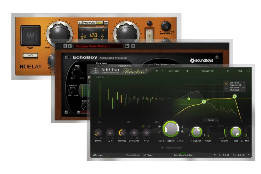 Top 3 Delay Plugins: Fab filter Timeless 3, Sound toys Echo boy and Waves HDelay.