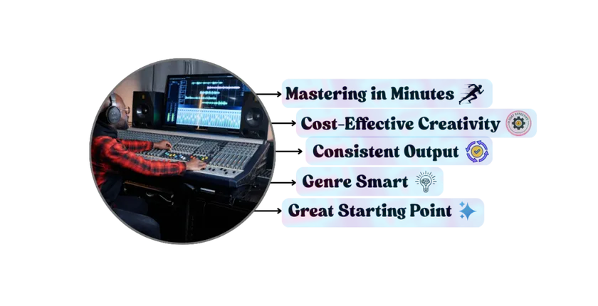 An image showing AI-based Mastering does well in giving speedy results, being consistent, cost-effective, genre-smart, and being a great starting point. 