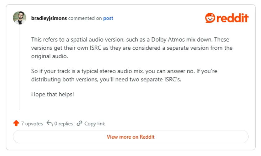 reddit answer about ISRC