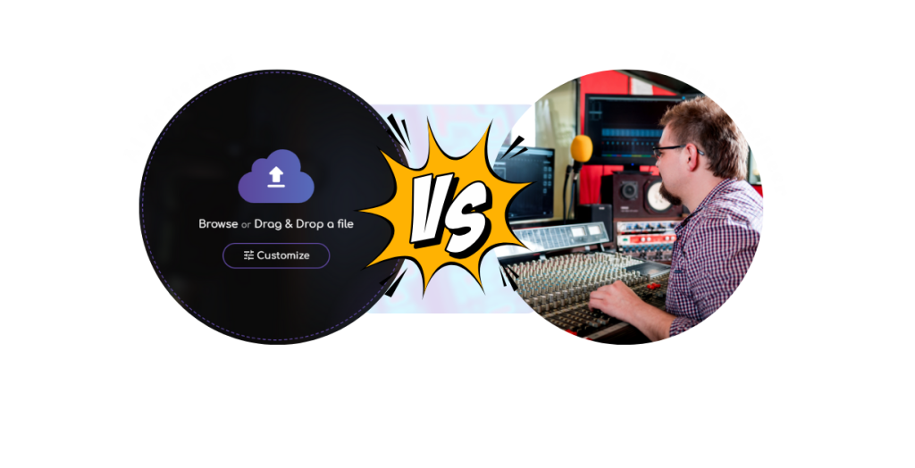Visual comparison of AI mastering vs human mastering, with upload interface on one side and audio engineer in studio on the other.