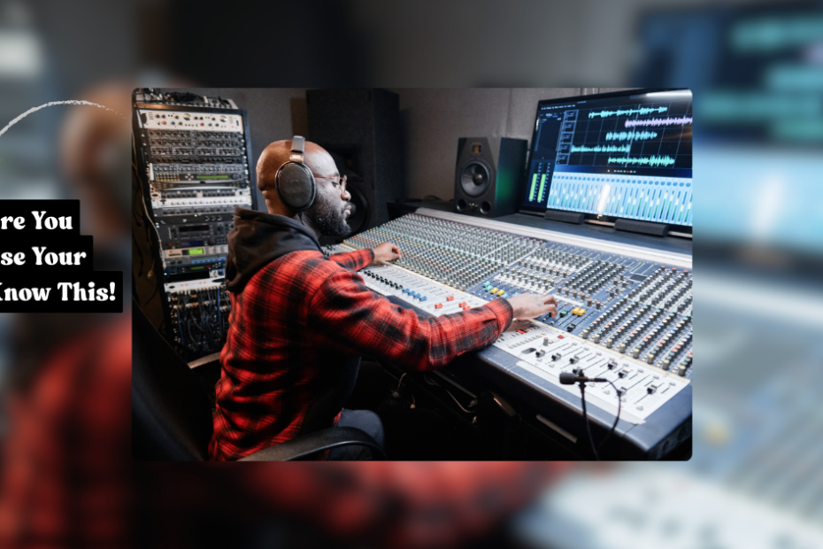 A musician is mixing and mastering in a professional studio with analog gear. A text on the left is displayed - "Before You Release Your Music, Know This!"