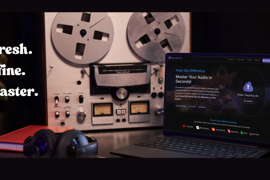 Cover image showing a vintage tape machine beside a laptop displaying Remasterify’s mastering interface.