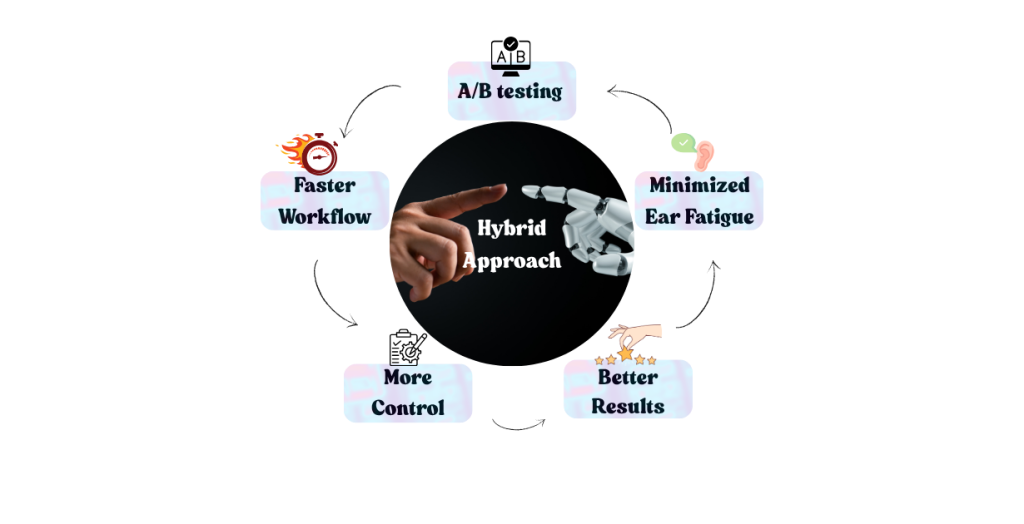 Benefits of Hybrid Approach: Faster Workflow, A/B Testing, minimized ear fatigue, Better results, and more Control