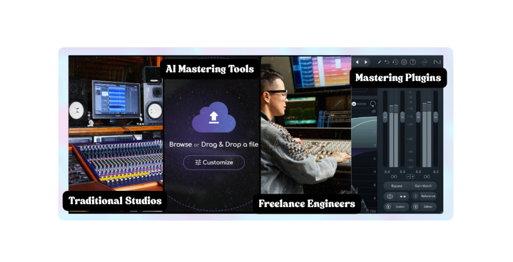 Different ways to master a song: Traditional Studios, AI Mastering Tools, Freelance Engineers, and Mastering Plugins