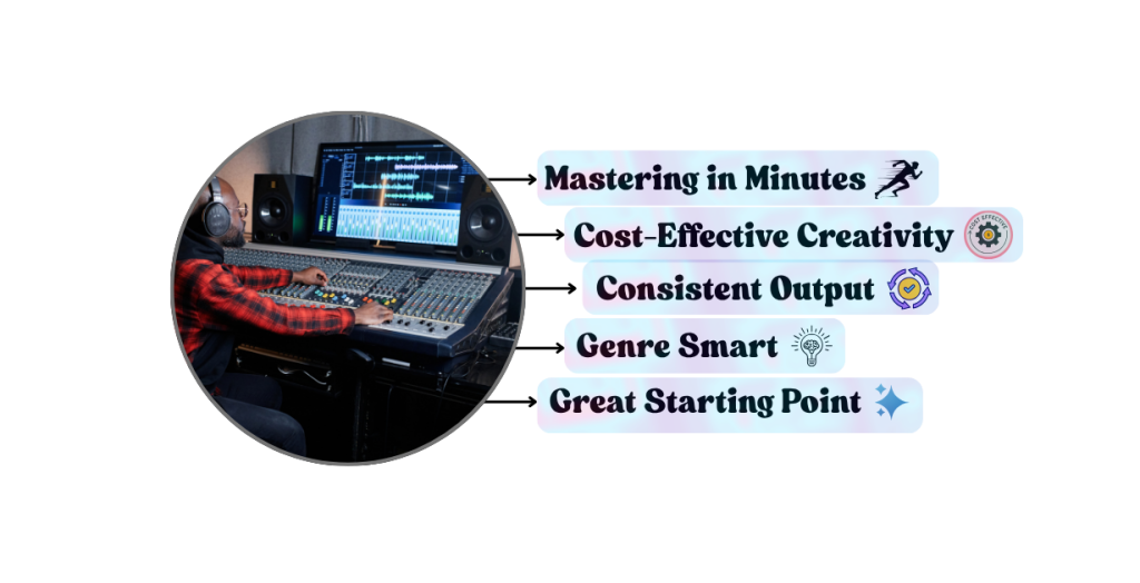 An image showing AI-based Mastering does well in giving speedy results, being consistent, cost-effective, genre-smart, and being a great starting point.