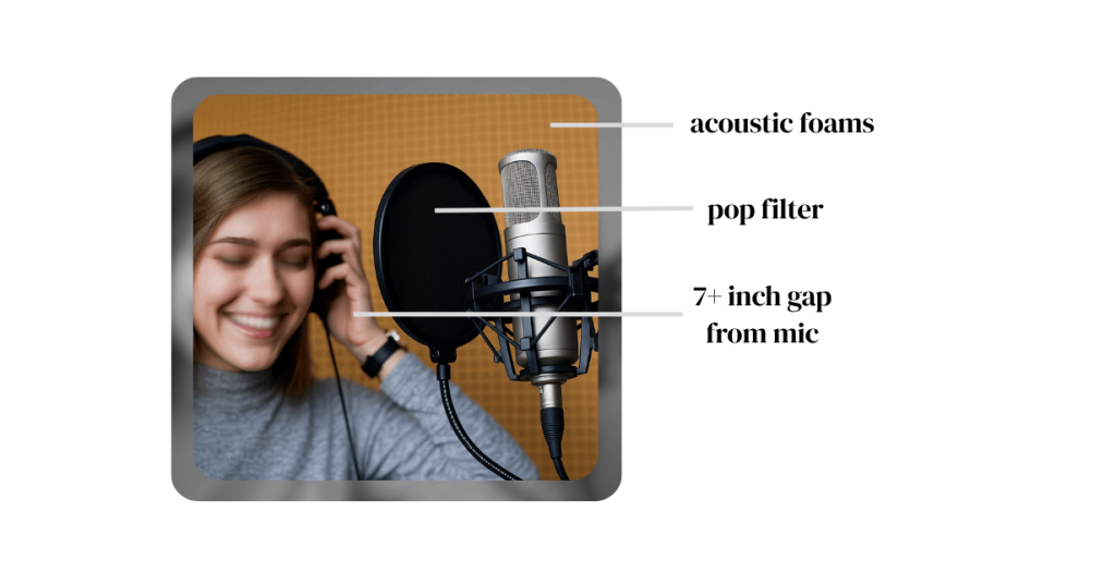 Woman recording vocals in a studio with a pop filter and condenser microphone.