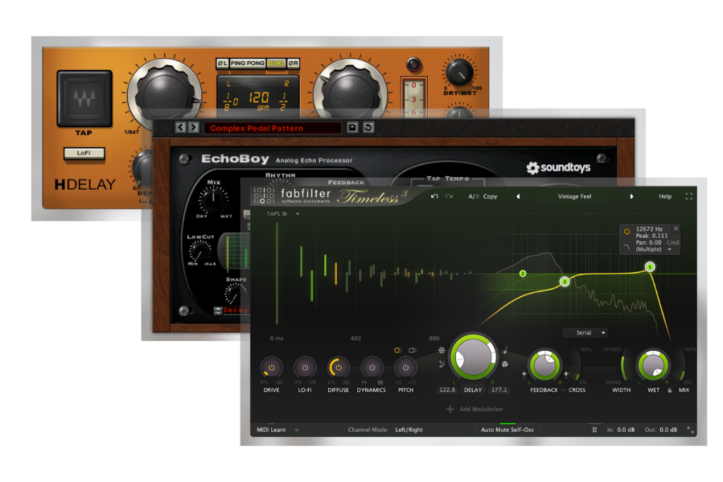 Top 3 Delay Plugins: Fab filter Timeless 3, Sound toys Echo boy and Waves HDelay.