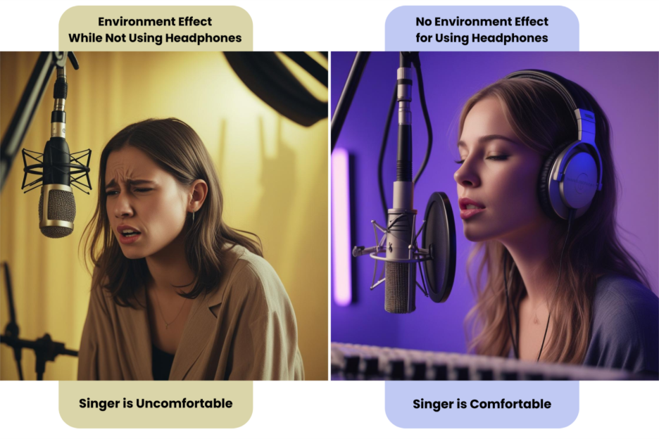 Visual representation of a singer with and without headphones.